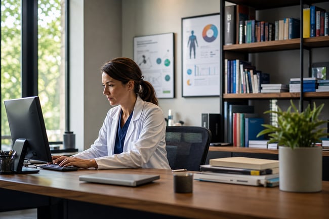 Healthcare Professional at Desk Working on Computer